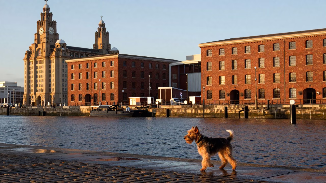 Sunset Over Liverpool Docks Silky Terrier Walking Past Historic Georgian Warehouses in in Liverpool, United Kingdom