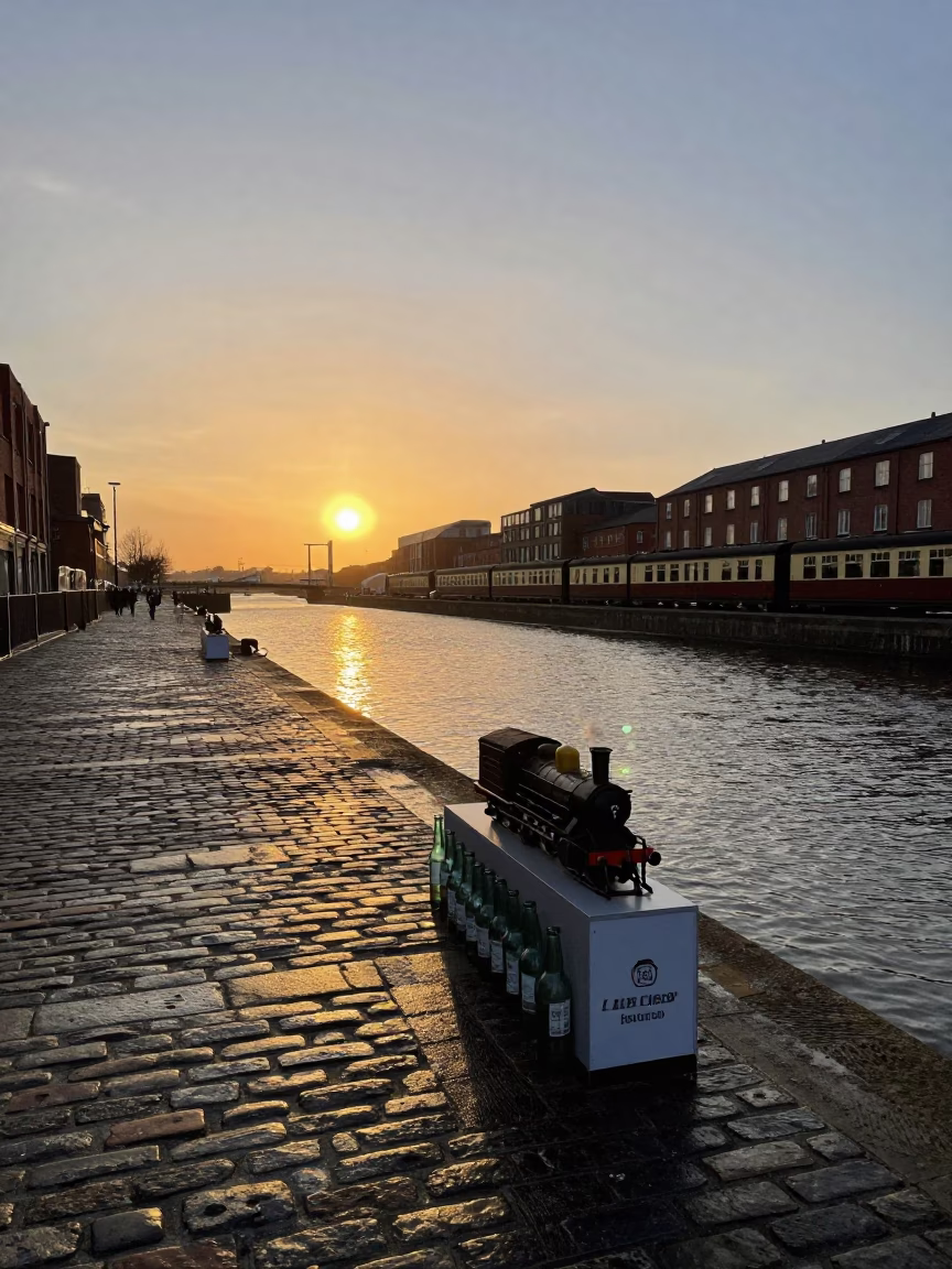 Sunset Over Liverpool Docks With Glass Bottles And Canal Lock Gate in in Liverpool, United Kingdom