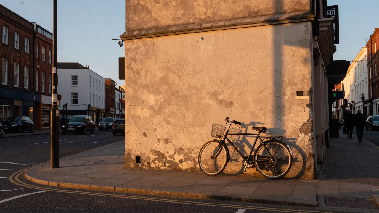 Sunset over Liverpool street scene with bicycle and cracked stucco walls in in Liverpool, United Kingdom