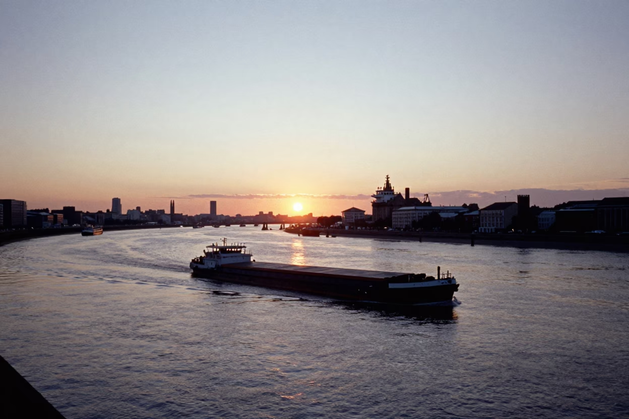 Sunset over Liverpool Waters with Cargo Barge on River Mersey in in Liverpool, United Kingdom