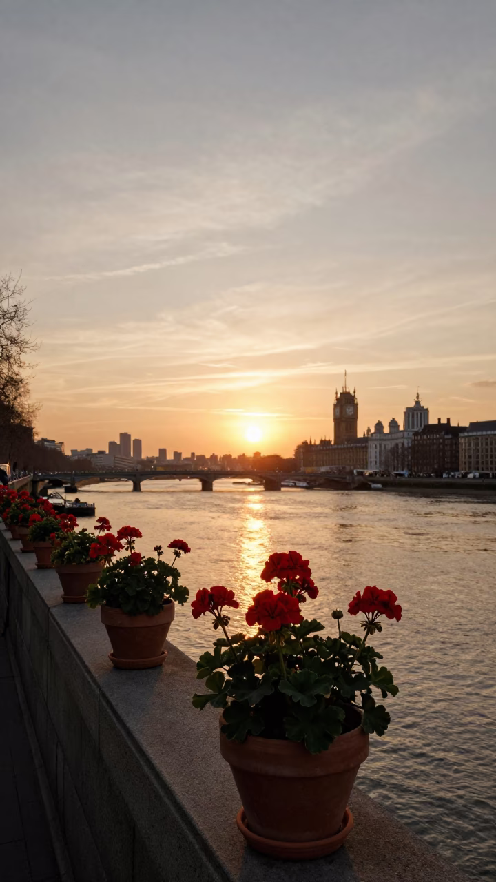 Sunset Over London River Thames with Potted Geraniums on Embankment Wall in in London, United Kingdom