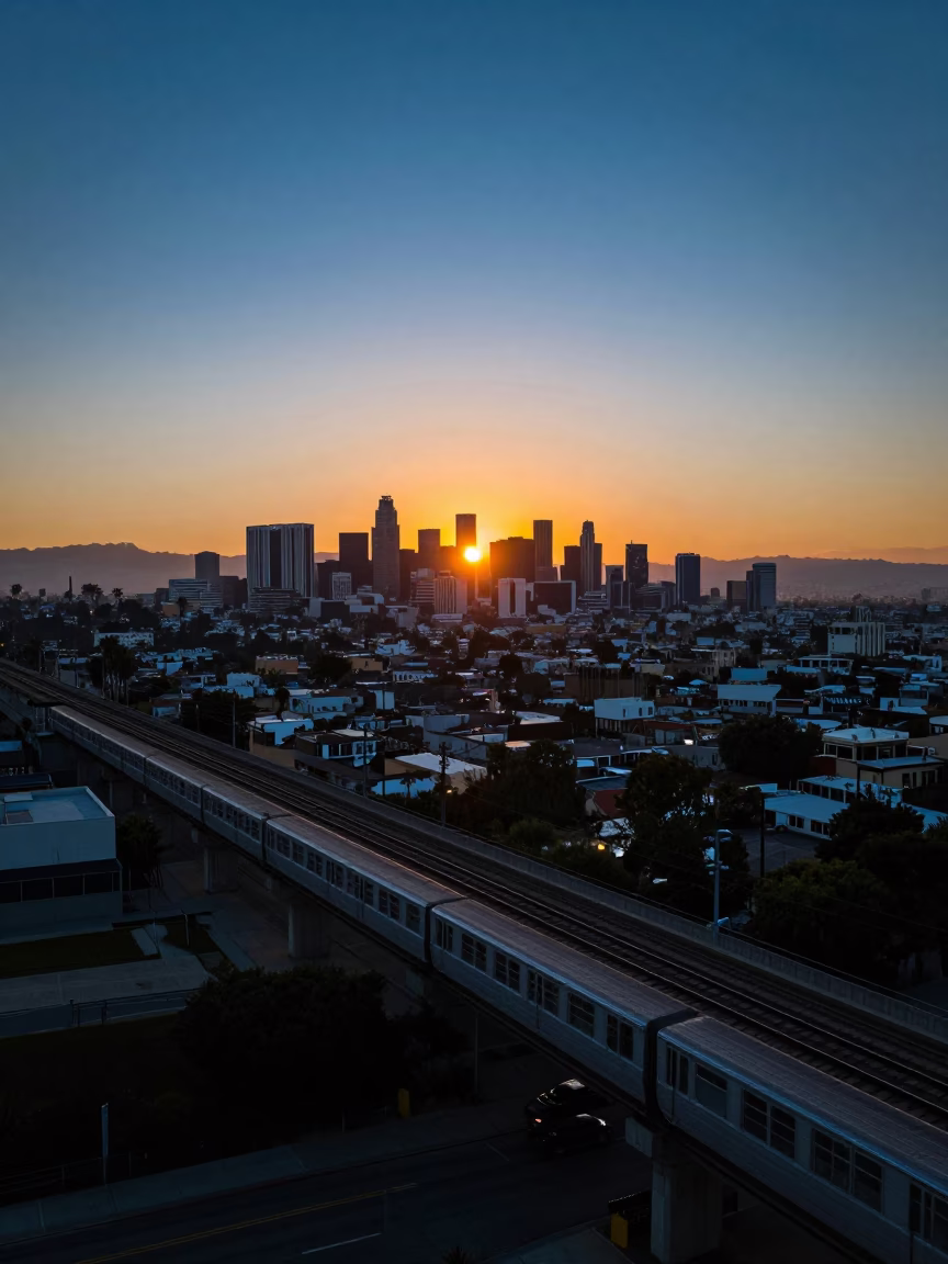 Sunset Over Los Angeles Commuter Train Crossing Bridge at Blue Hour with City Skyline in in Los Angeles, California, United States