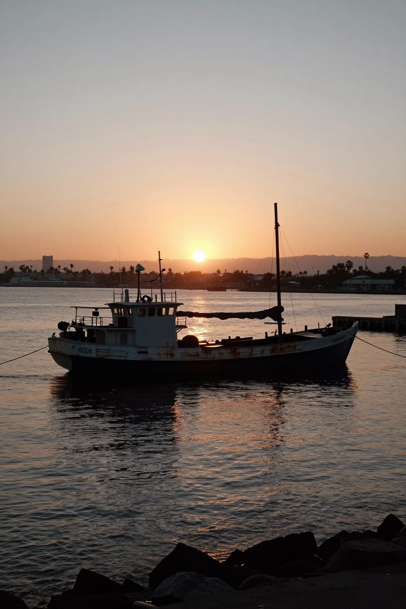 Sunset Over Los Angeles Harbor With Junk Boat and Substation Fence in in Los Angeles, California, United States