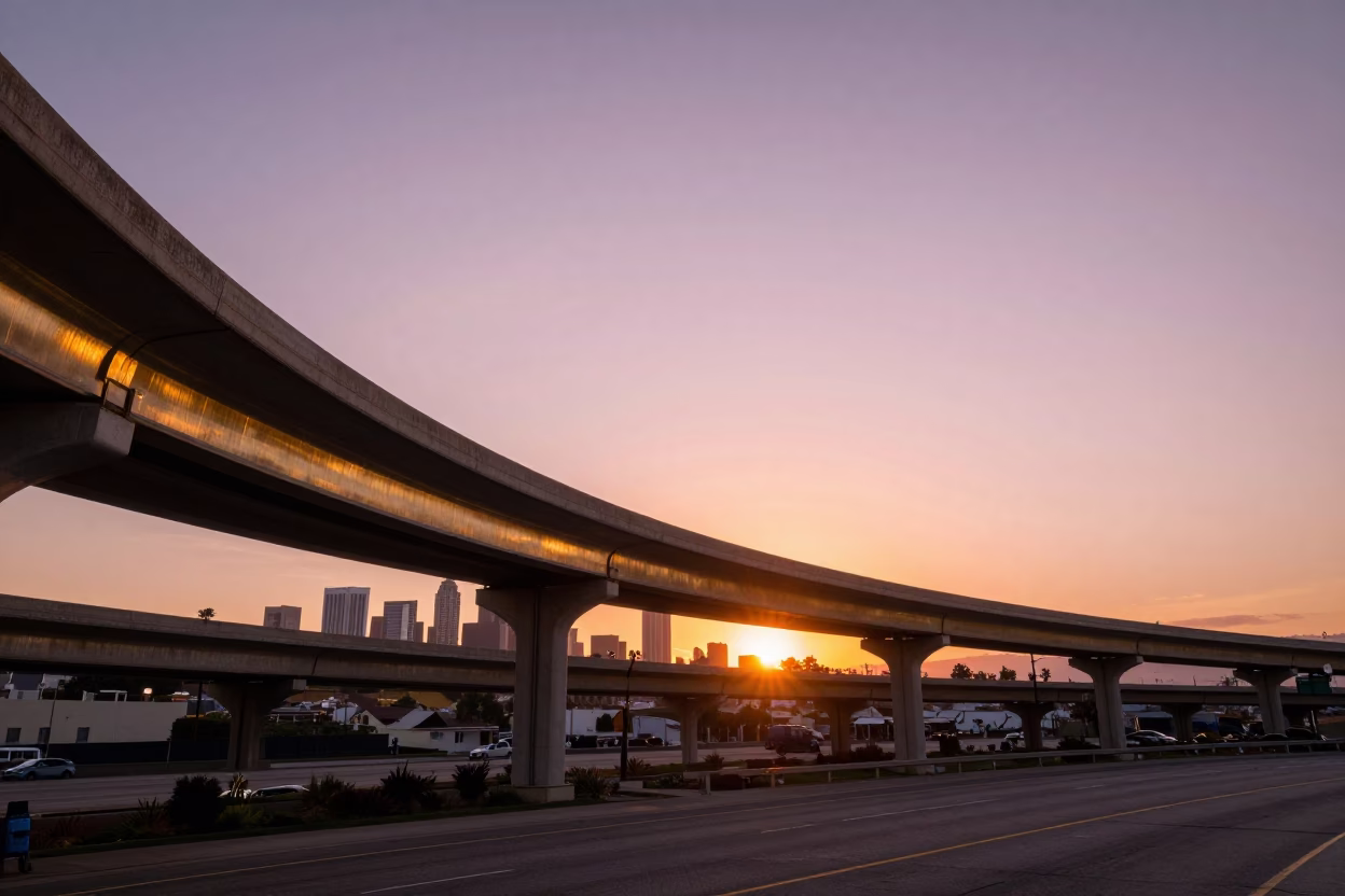 Sunset Over Los Angeles Highway Flyover with Polished Brass and Enamel Details in in Los Angeles, California, United States