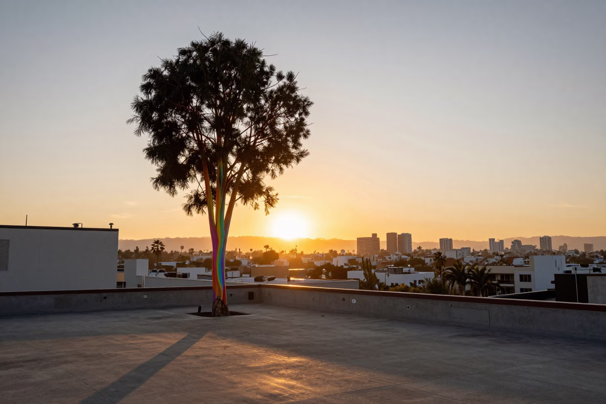 Sunset over Los Angeles Rooftop with Rainbow Eucalyptus and Latch Detail in in Los Angeles, California, United States