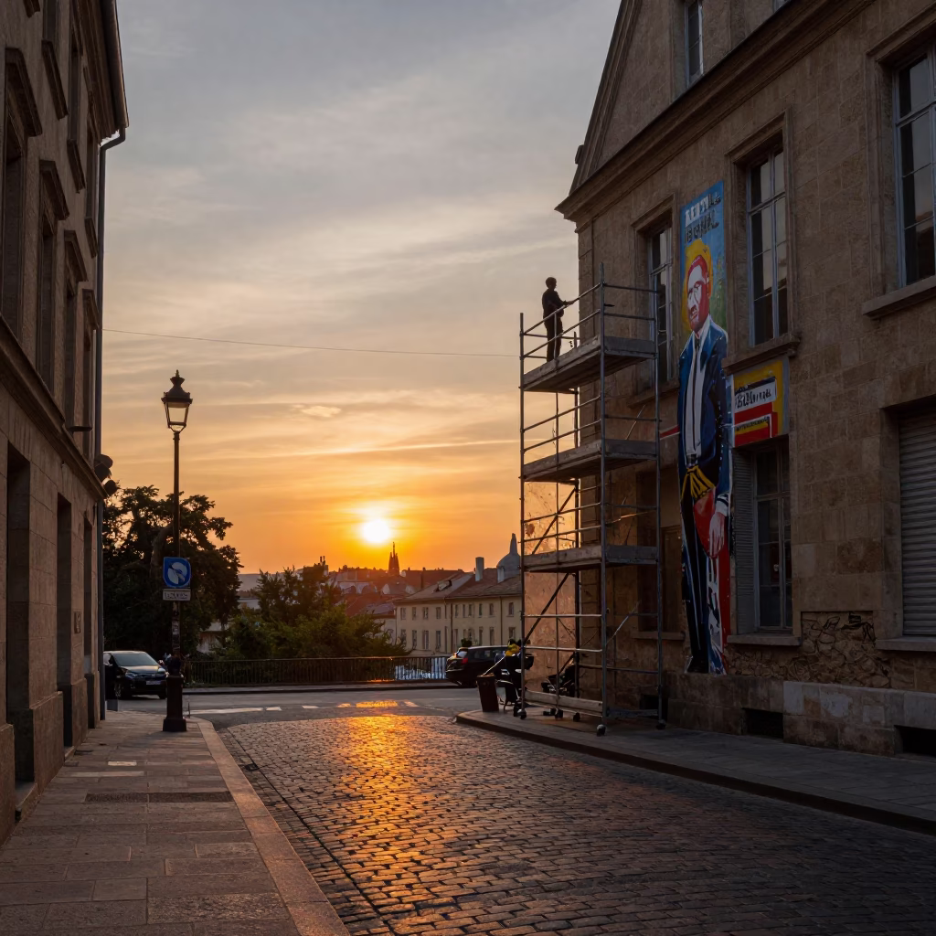 Sunset Over Lyon France Street Scene With Muralist Scaffold And Sample Swatches in in Lyon, France