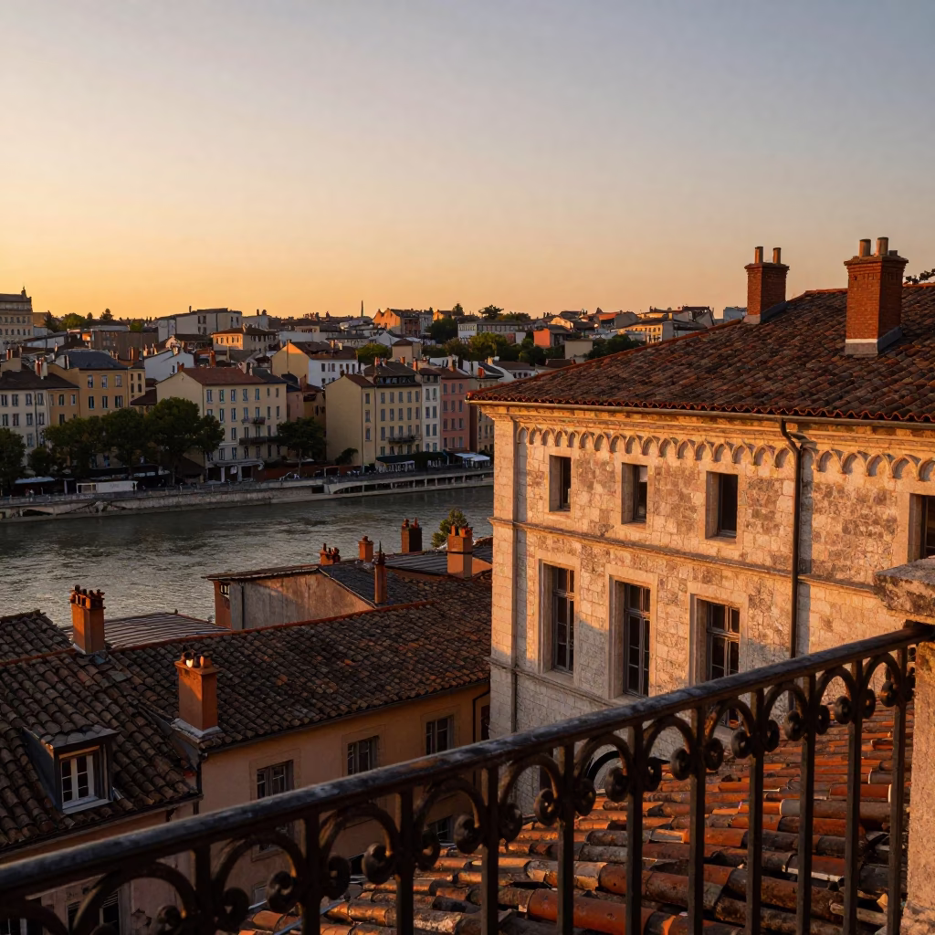 Sunset Over Lyon France Vieux Lyon Rooftops and Saone River in in Lyon, France