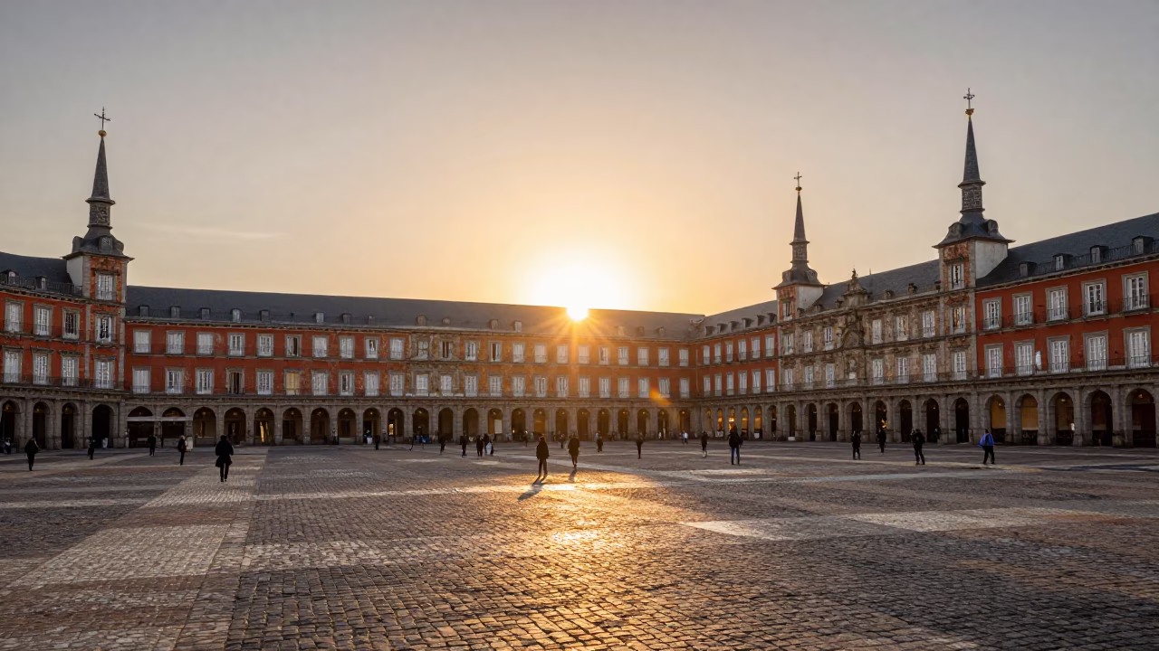 Sunset Over Madrid Plaza Mayor With Tourists And Historic Architecture in in Madrid, Spain