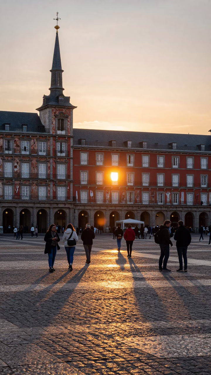 Sunset over Madrid Plaza Mayor with Traditional Spanish Tapas and Spindle Chairs in in Madrid, Spain