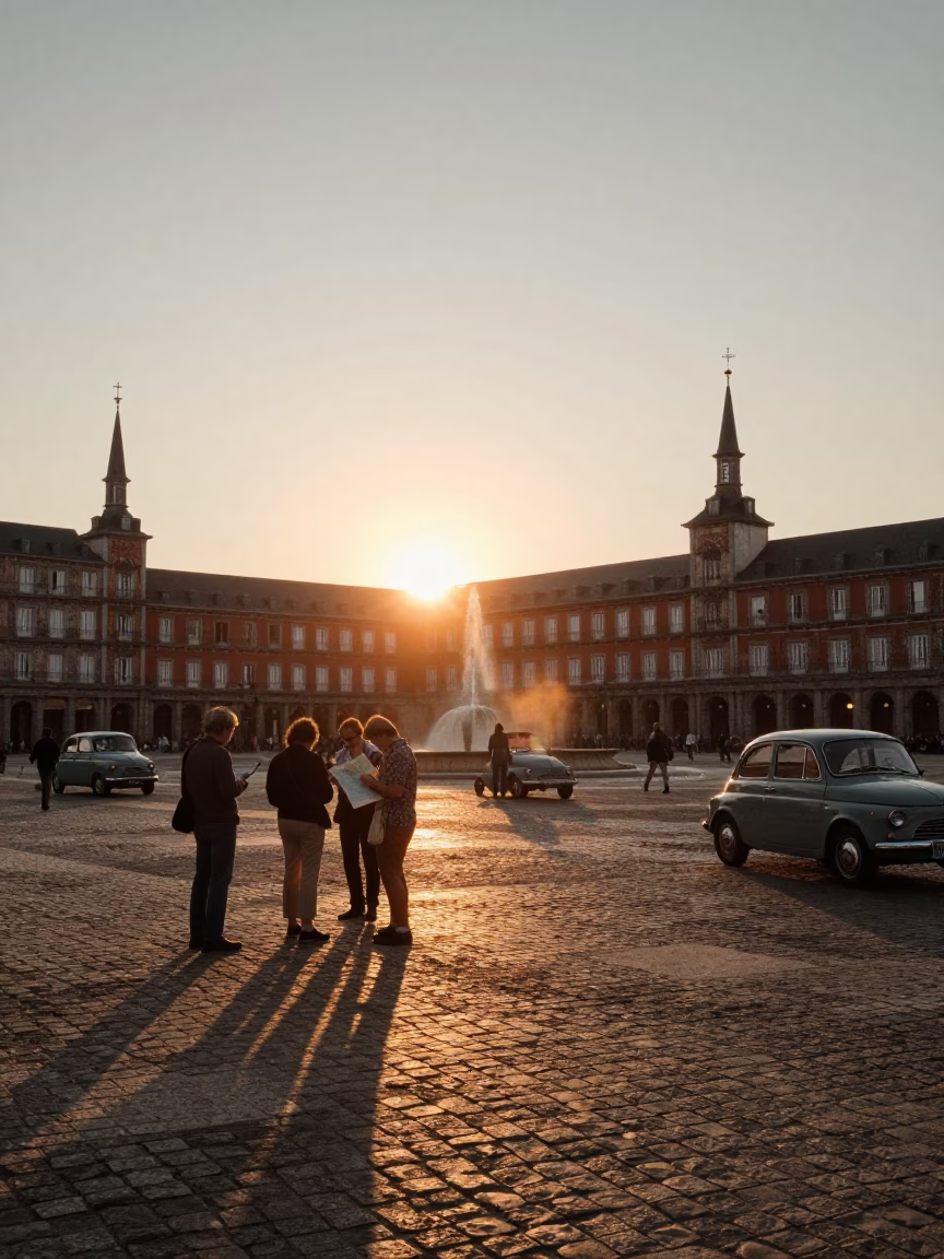 Sunset Over Madrid Plaza With Tourists And Vintage Cars in in Madrid, Spain