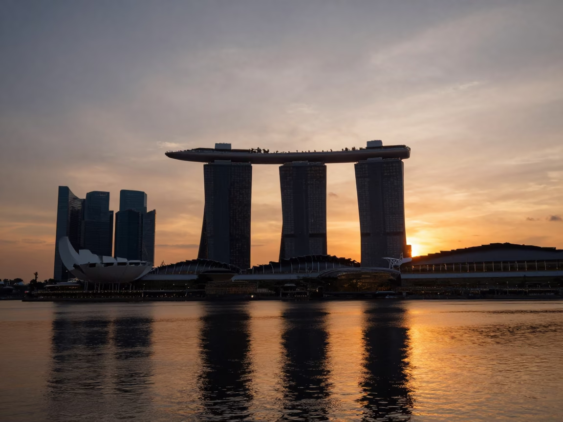 Sunset Over Marina Bay Sands Skyline With Reflections In Singapore Waterfront in in Singapore, Singapore
