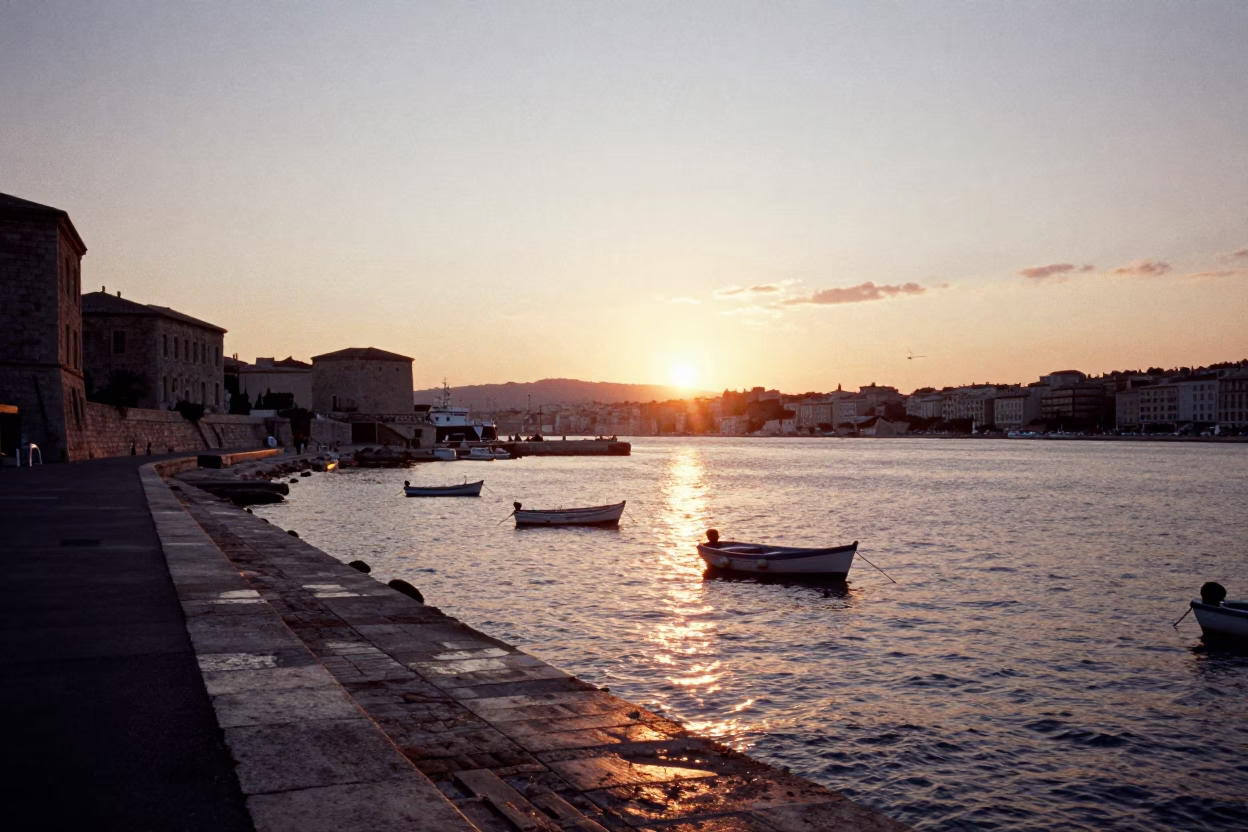 Sunset over Marseille Old Port with historic stone quays and harbor boats in in Marseille, France