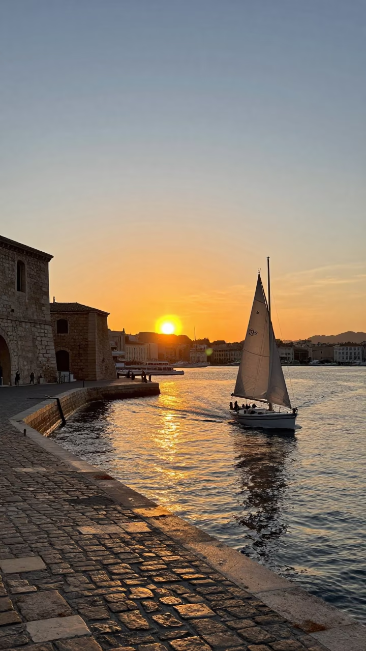 Sunset over Marseille Old Port with Sailboat and Stone Architecture in in Marseille, France
