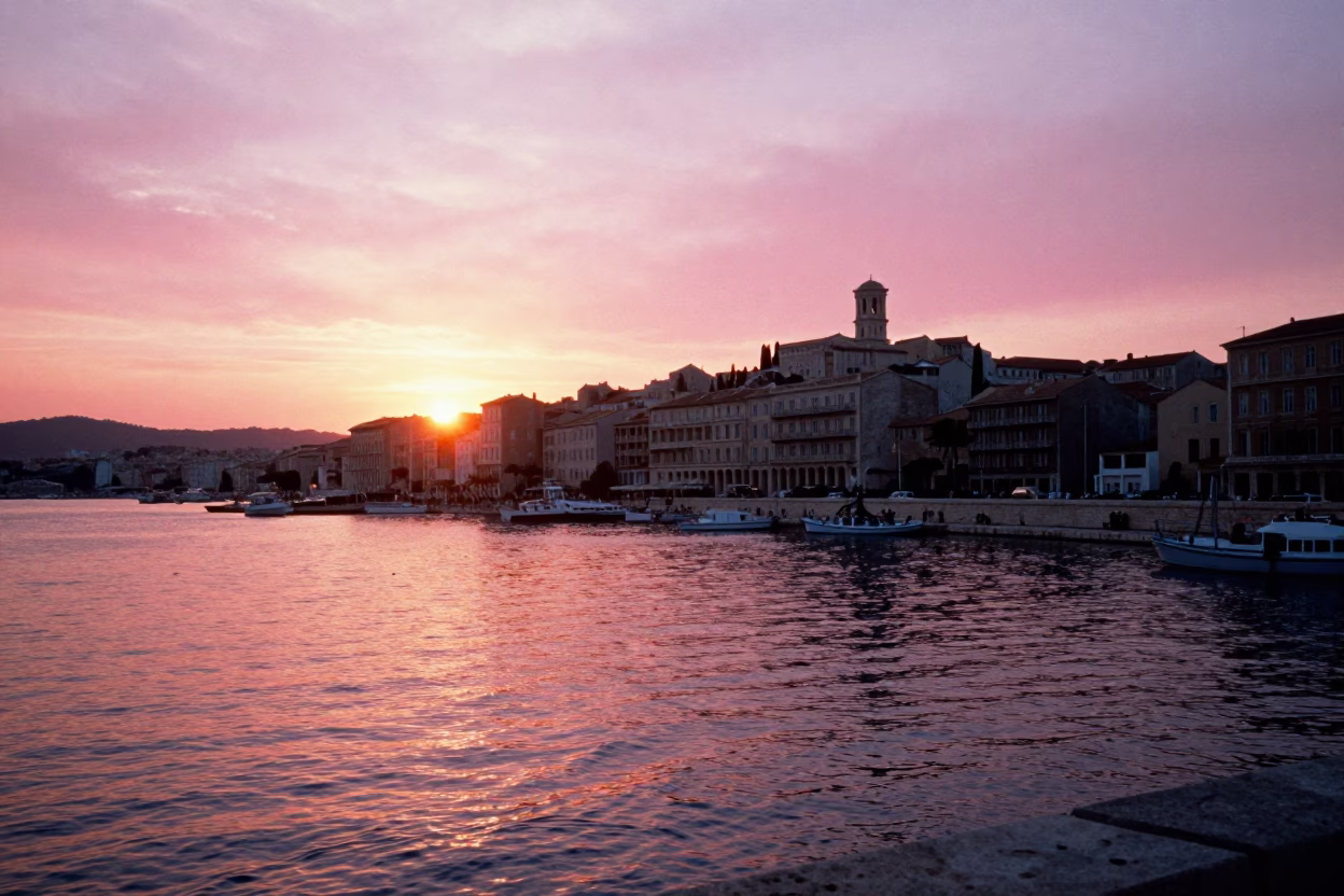 Sunset over Marseille Old Port with Vieux Port and Calanques Skyline in in Marseille, France