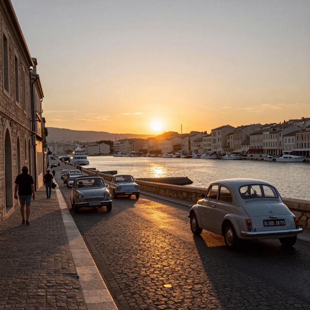 Sunset over Marseille Old Port with Vintage Cars and Lighthouse in in Marseille, France