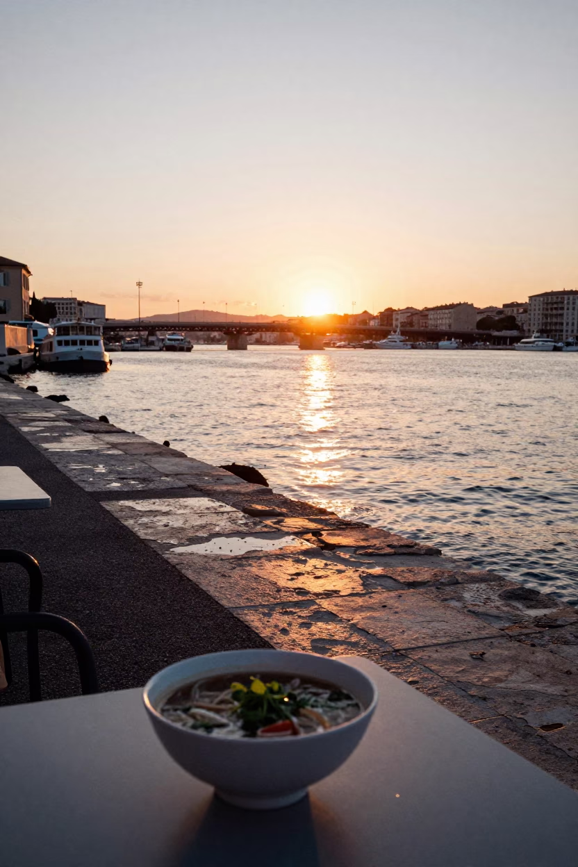 Sunset over Marseille Vieux Port with distant bridge pier inspection ladder and local dining in in Marseille, France
