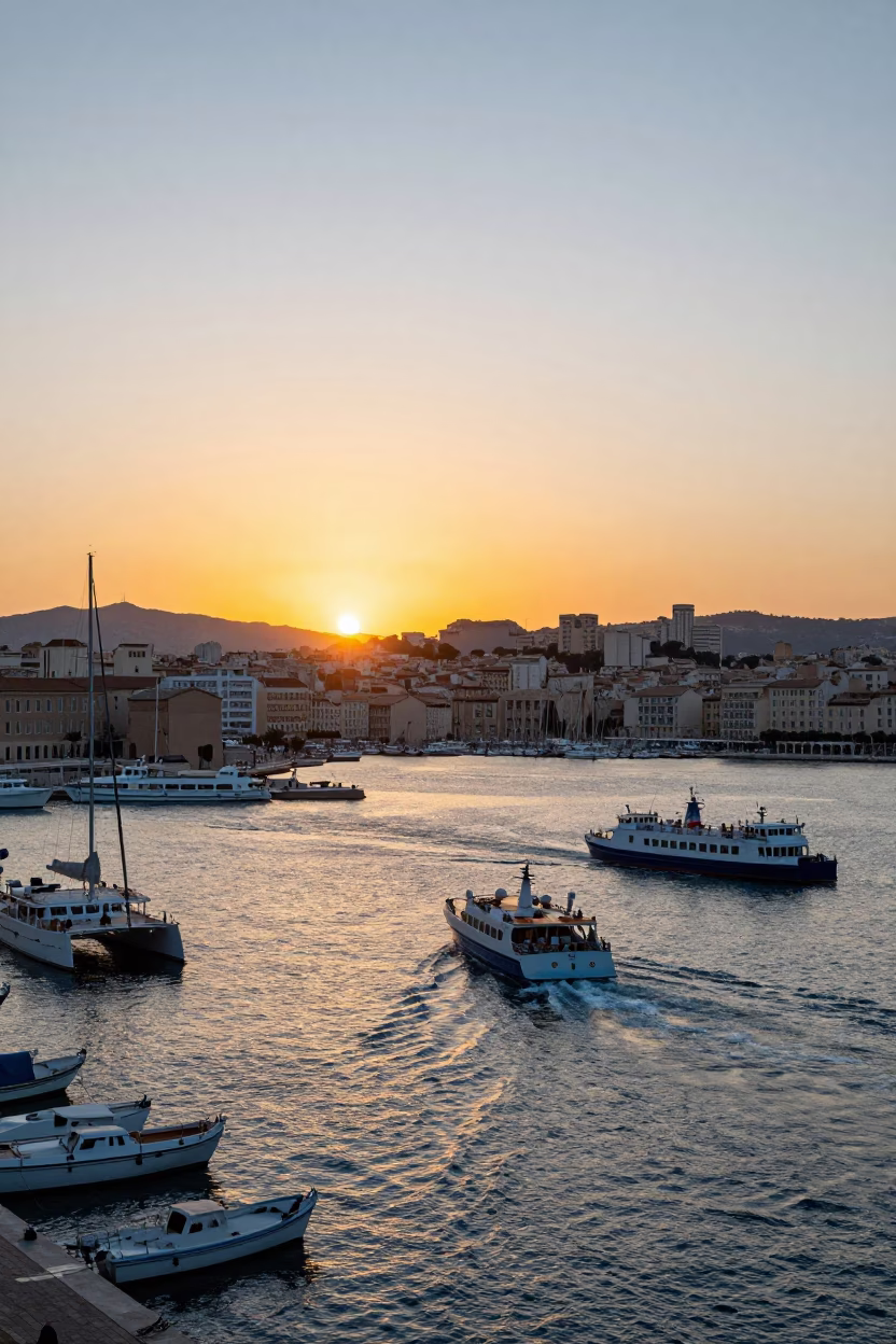 Sunset over Marseille Vieux Port with Ferries and Catamarans in in Marseille, France