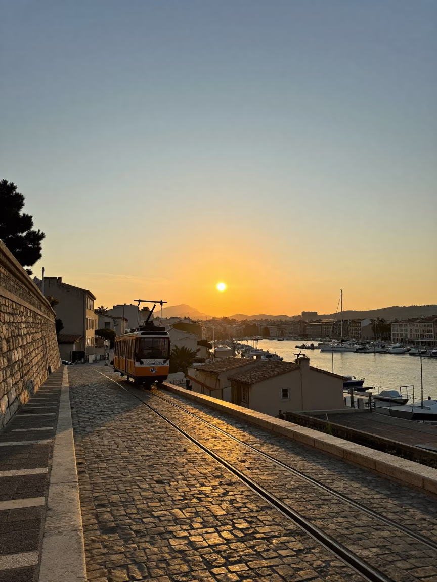 Sunset over Marseille Vieux Port with Funicular Ascending Autumn Vines in in Marseille, France