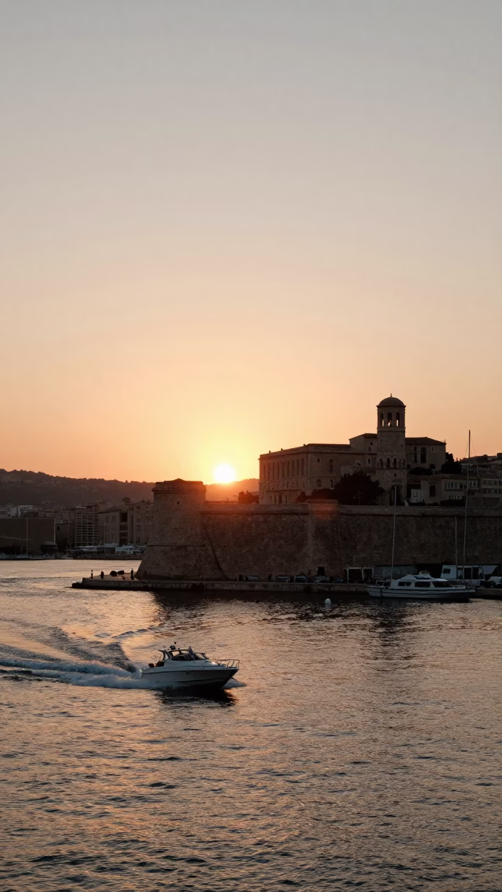 Sunset over Marseille Vieux-Port with speedboat wake and historic architecture in in Marseille, France