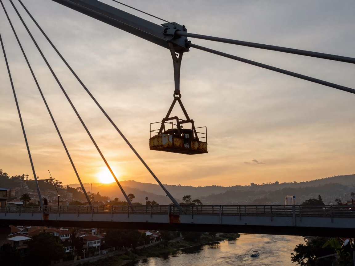 Sunset over Medellin Colombia Bridge Maintenance Cradle and River Landscape in in Medellin, Colombia