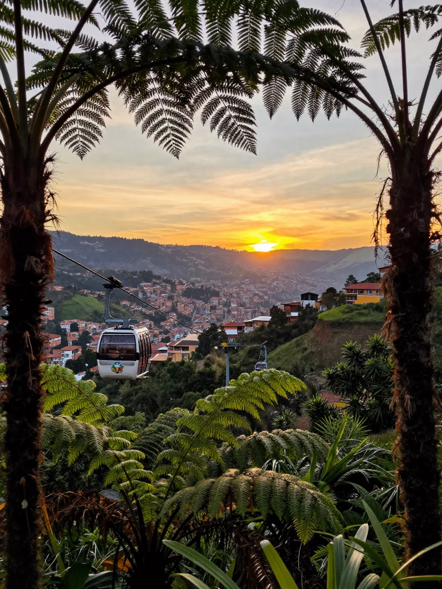 Sunset Over Medellin Colombia Cable Cars and Lush Ferns in Urban Valley in in Medellin, Colombia
