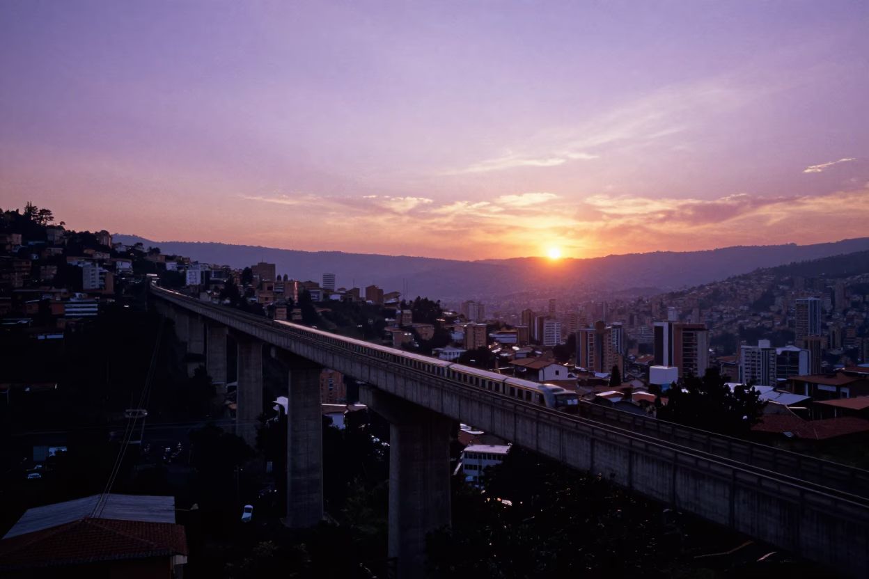 Sunset Over Medellin Colombia Metro Line 1 Bridge and Cityscape View in in Medellin, Colombia