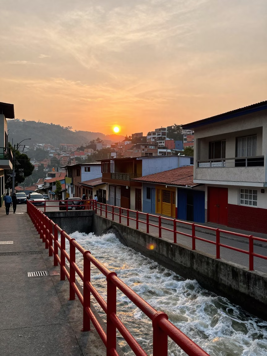 Sunset Over Medellin Colombia Street Scene with Red Railings and Urban Landscape in in Medellin, Colombia