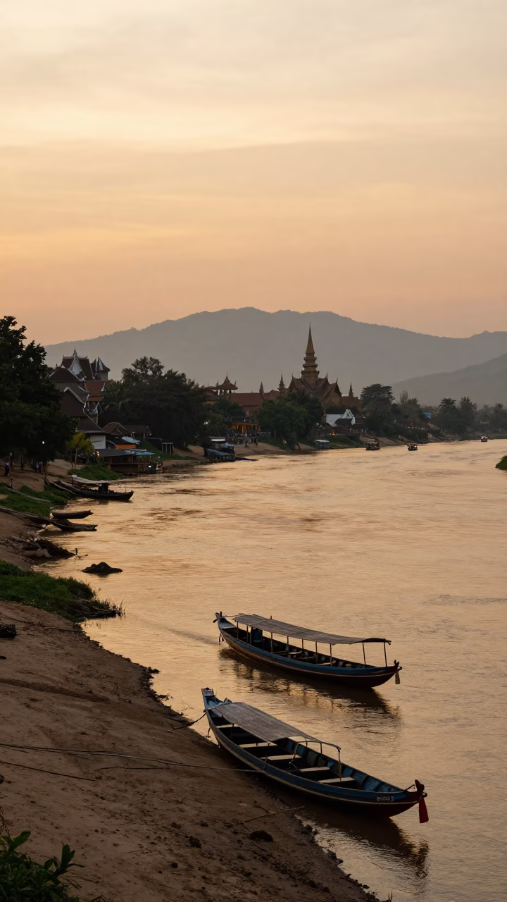 Sunset over Mekong River in Luang Prabang with Temple Spires and Traditional Longtail Boats in in Luang Prabang, Laos
