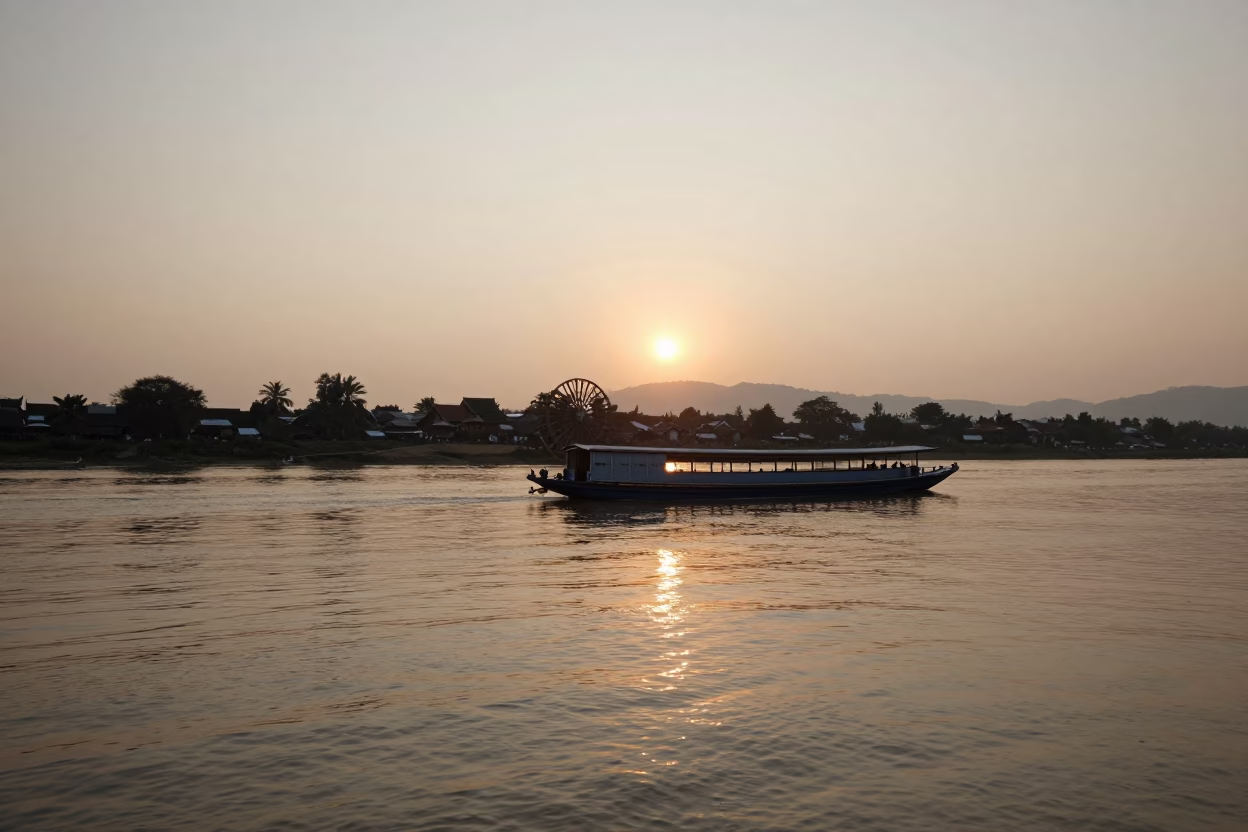 Sunset over Mekong River with Paddlewheel Steamboat in Luang Prabang Laos in in Luang Prabang, Laos