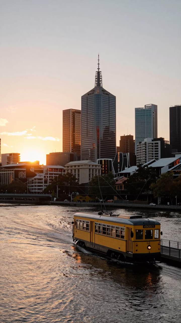 Sunset Over Melbourne Skyline Yarra River Tram and City Lights in in Melbourne, Victoria, Australia