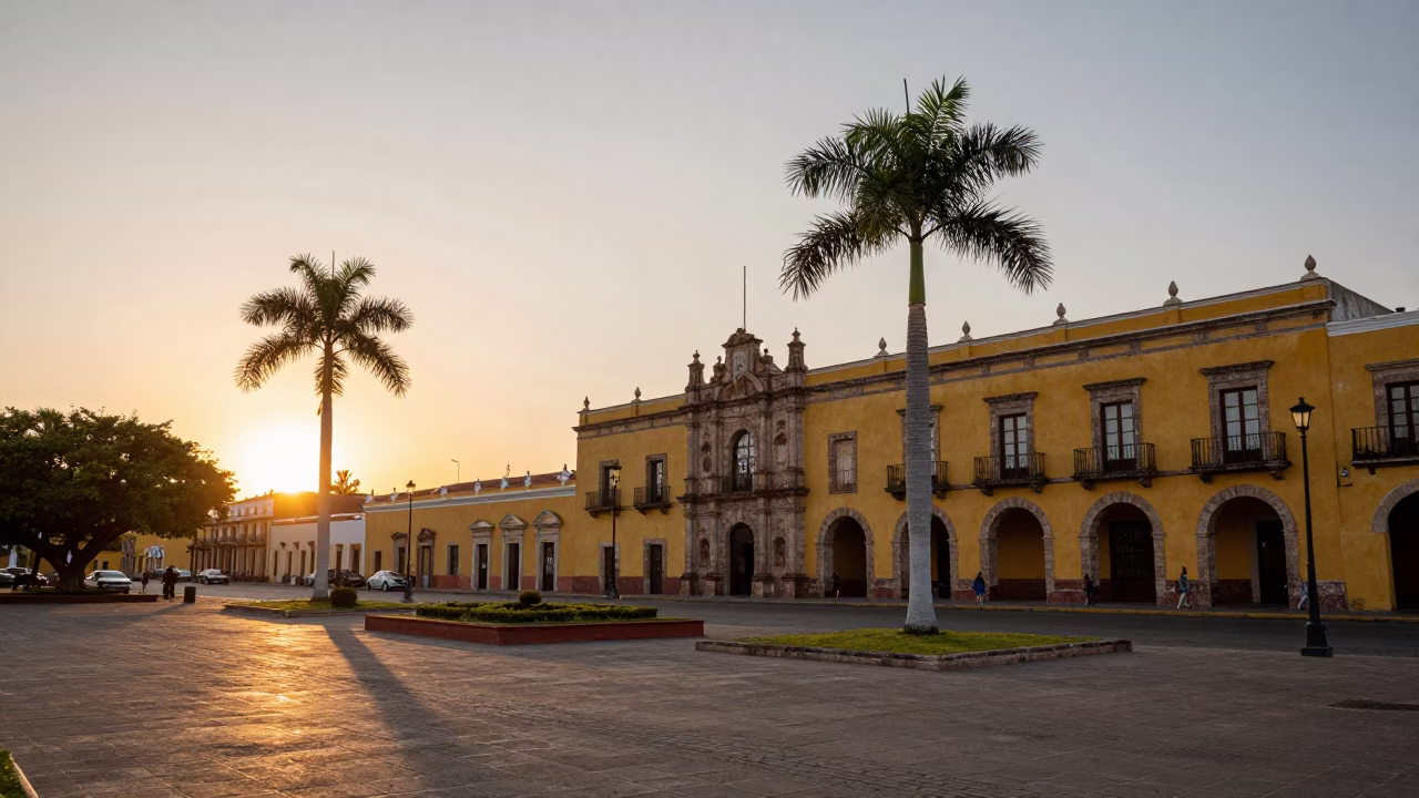 Sunset over Merida Mexico Plaza Grande colonial architecture and street life in in Merida, Mexico