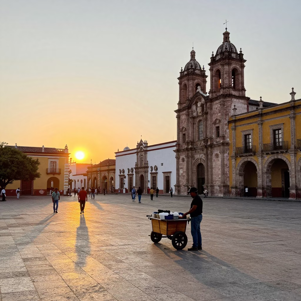Sunset Over Merida Plaza with Local Street Vendors and Colonial Architecture in in Merida, Mexico