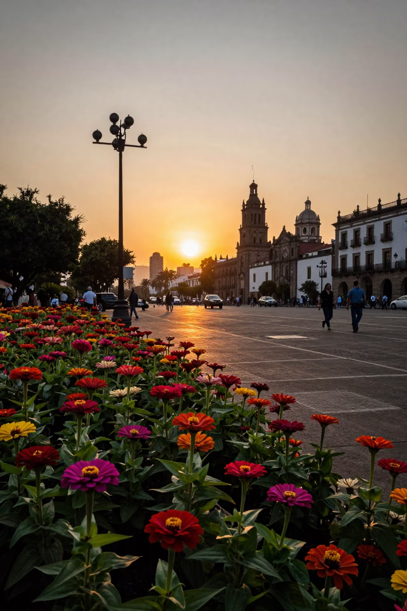 Sunset over Mexico City Plaza with Zinnia Flower Bed and Historic Architecture in in Mexico City, Mexico