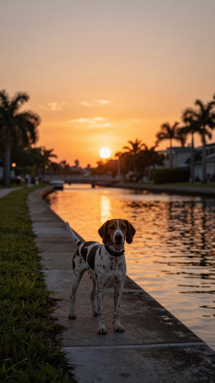 Sunset over Miami Canal with Treeing Walker Coonhound and Tropical Foliage in Florida in in Miami, Florida, United States