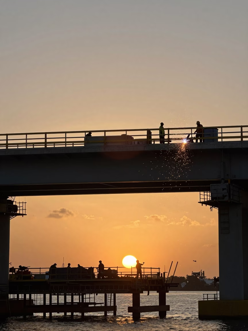 Sunset over Miami Florida with welding sparks beneath bridge construction platform in in Miami, Florida, United States