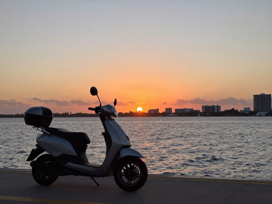 Sunset over Miami Harbor Promenade with Parked Scooter and City Skyline in in Miami, Florida, United States