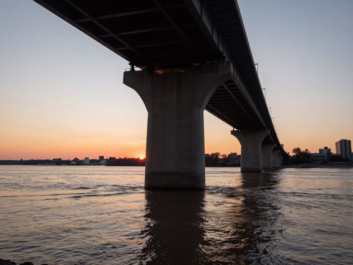Sunset Over Montreal Bridge Pier Cutting Through Brown St Lawrence River Current in in Montreal, Quebec, Canada