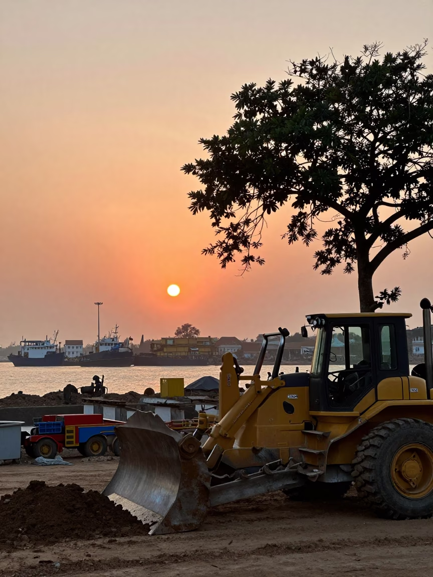 Sunset Over Mumbai Docks With Bulldozer And Fig Tree in in Mumbai, India