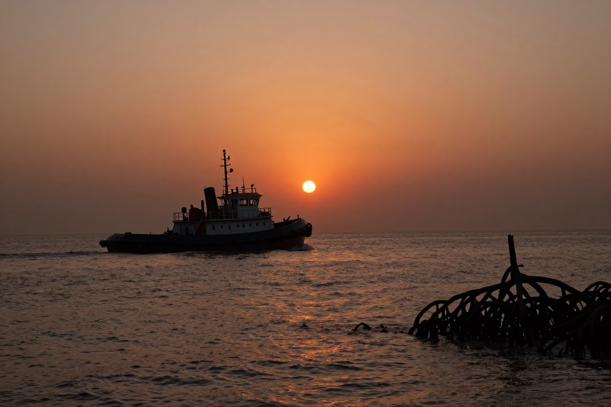 Sunset over Mumbai Harbor with Tugboat and Mangrove Roots in India in in Mumbai, India
