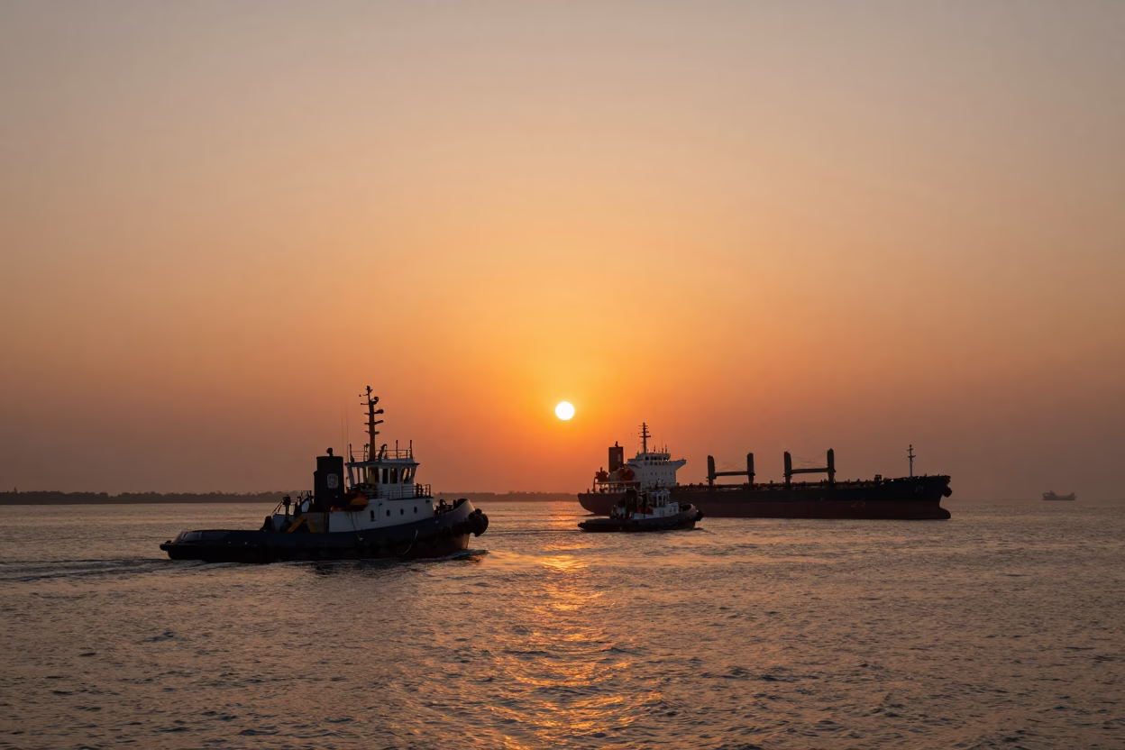 Sunset over Mumbai Harbor with Tugboat Fleet Guiding Tanker at Dusk in in Mumbai, India