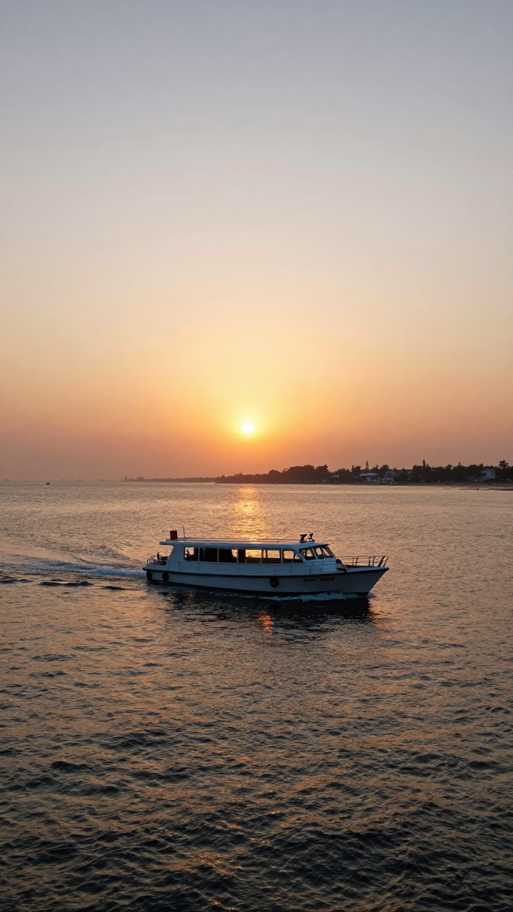 Sunset Over Mumbai Harbor With Water Taxi And Coastal Breakwater Beacons in in Mumbai, India