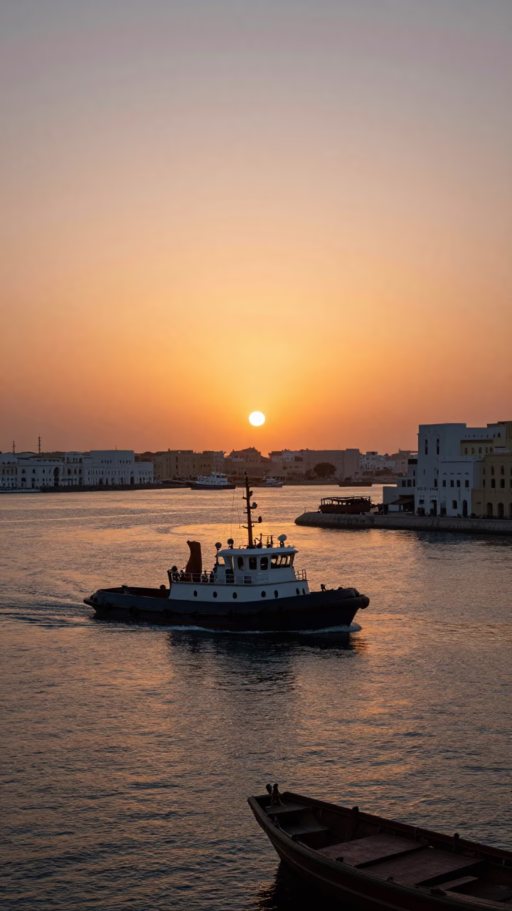 Sunset Over Muscat Harbor With Tugboat And Traditional Dhow Boats in in Muscat, Oman