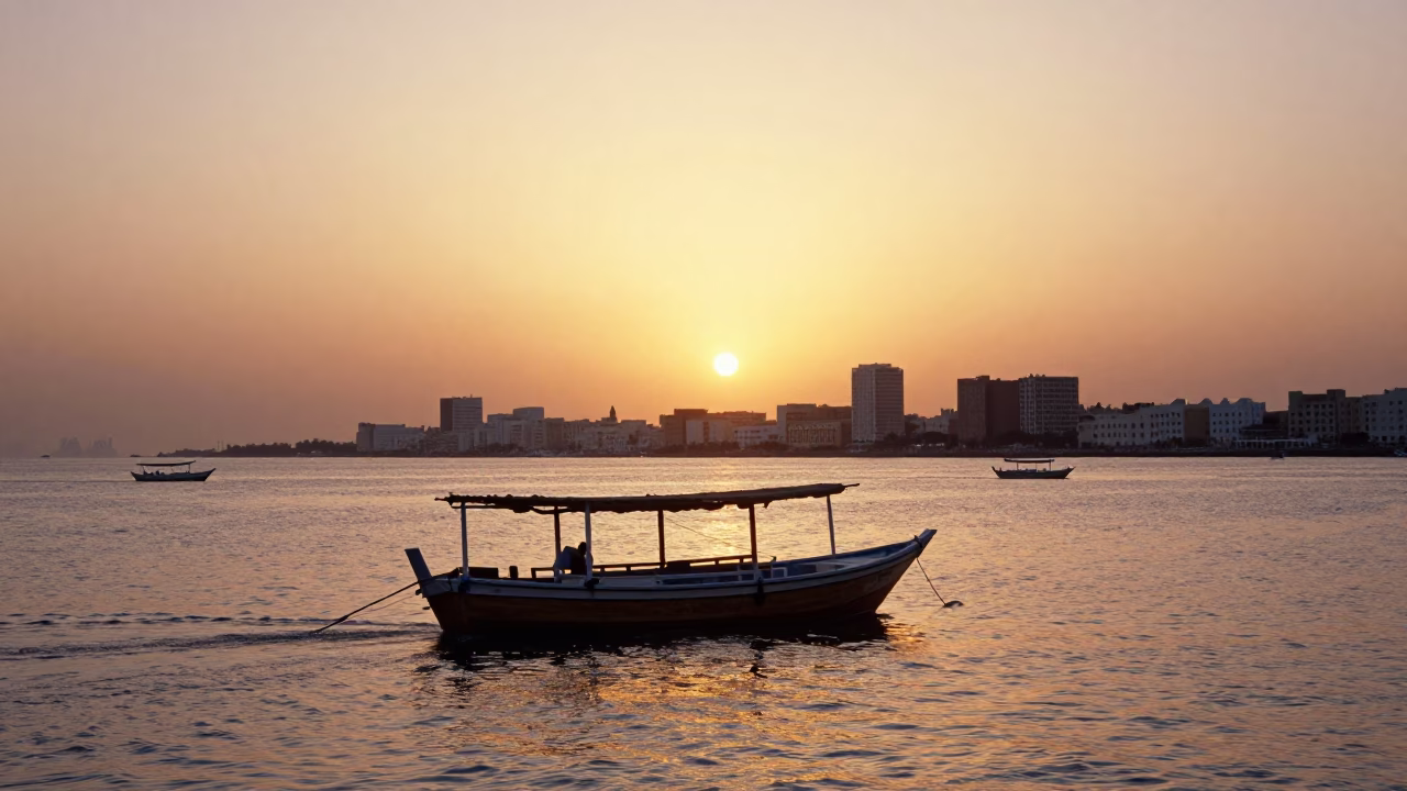 Sunset over Muscat Oman Corniche with Traditional Dhow Boats and Modern Skyline in in Muscat, Oman