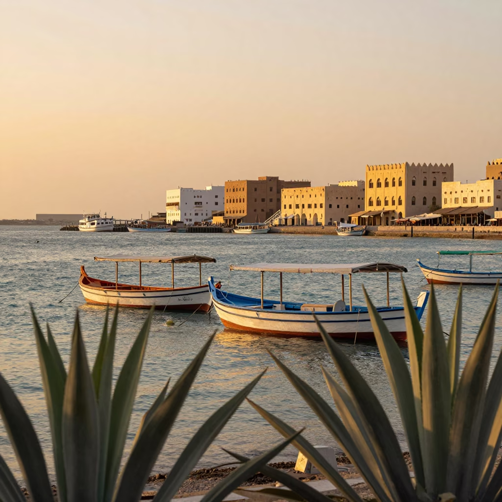 Sunset Over Muscat Oman Harbor With Agave Plants And Traditional Dhow Boats in in Muscat, Oman
