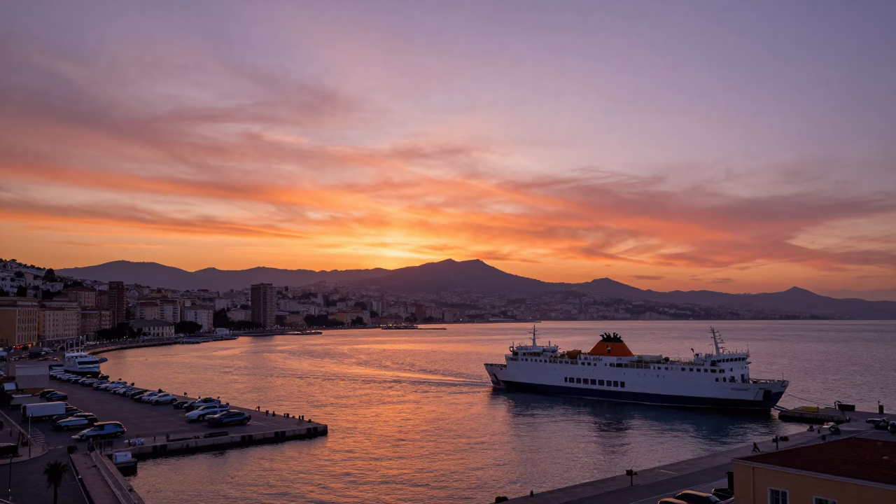 Sunset over Naples Harbor with Ferry Departure and Coastal Mountains in in Naples, Italy