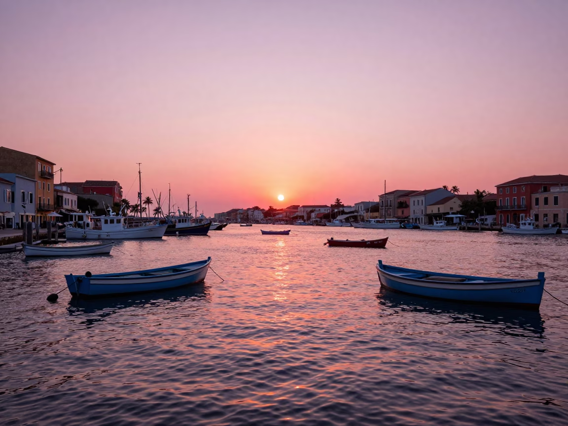 Sunset Over Naples Italy Historic Harbor and Colorful Boats in in Naples, Italy