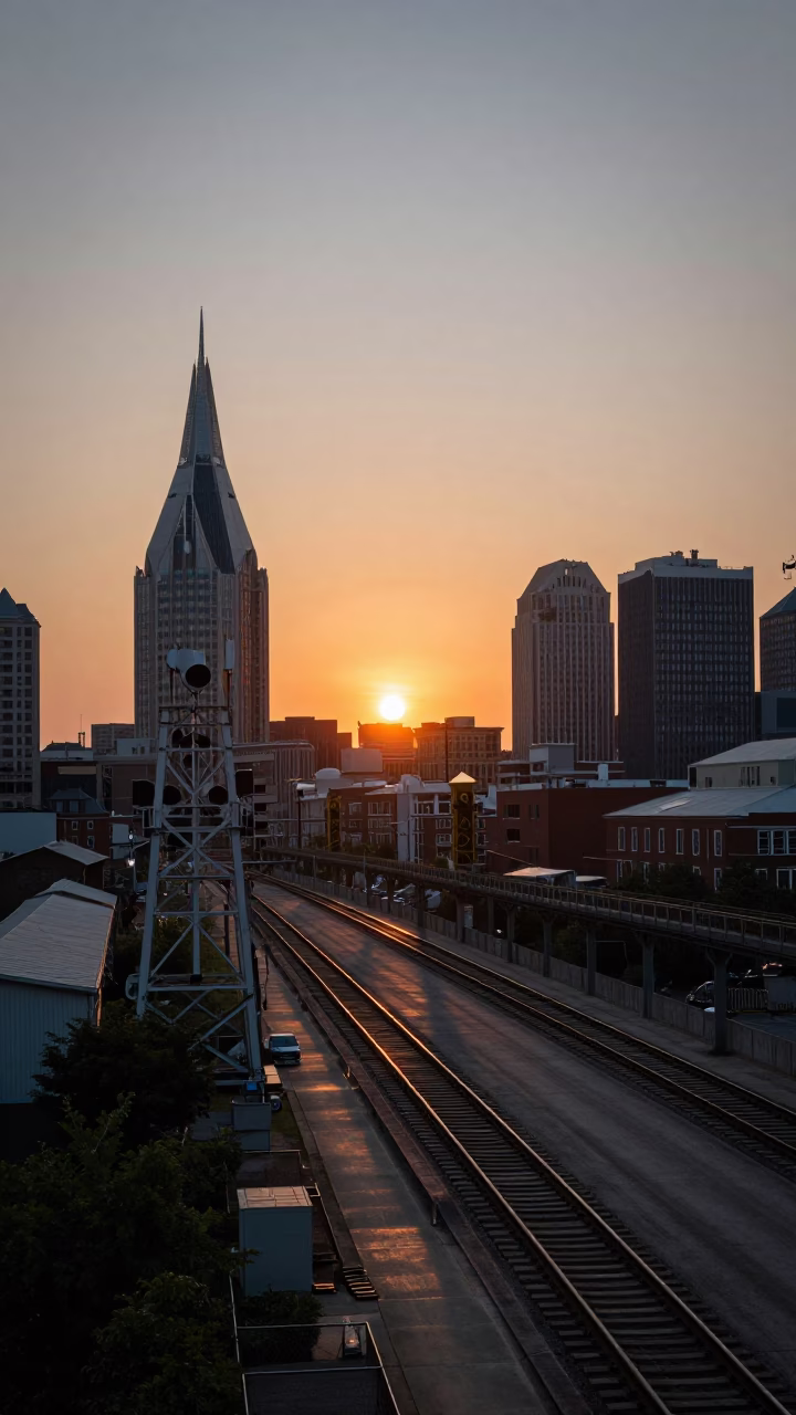 Sunset over Nashville Tennessee with Signal Gantry and Parallel Rail Lines in in Nashville, Tennessee, United States