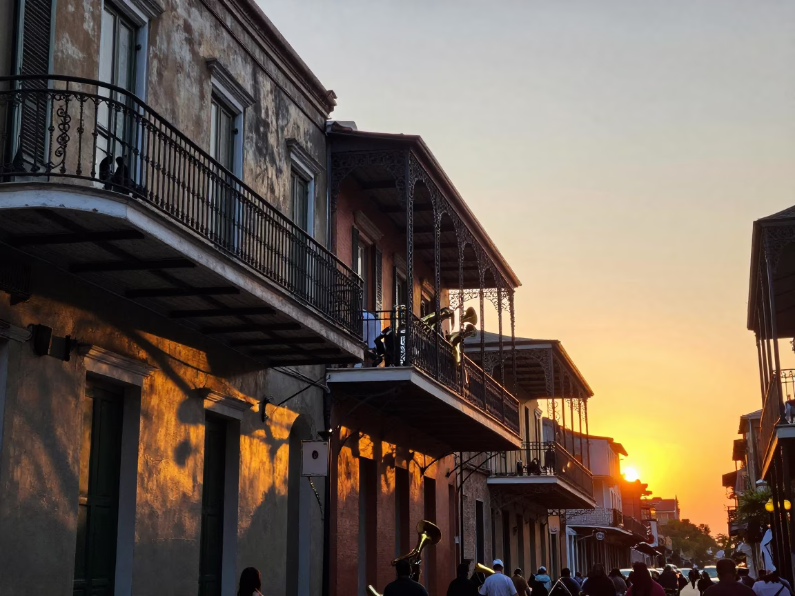 Sunset Over New Orleans French Quarter Street with Brass Band and Palmier Snacks in in New Orleans, Louisiana, United States