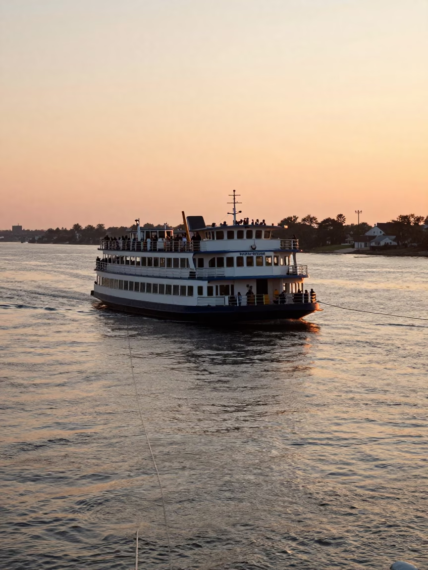 Sunset Over New Orleans Riverfront Chain Ferry Crossing Mississippi with Historic Architecture in in New Orleans, Louisiana, United States