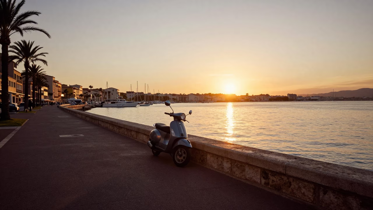 Sunset over Nice France harbor promenade with parked scooter and chestnut tree in in Nice, France